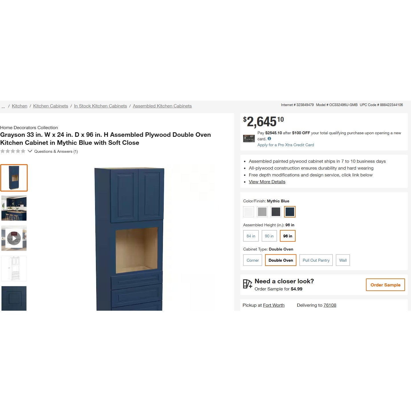 Home Decorators Collection Grayson 33 in. W x 24 in. D x 96 in. H Assembled Plywood Double Oven Kitchen Cabinet in Mythic Blue with Soft Close
