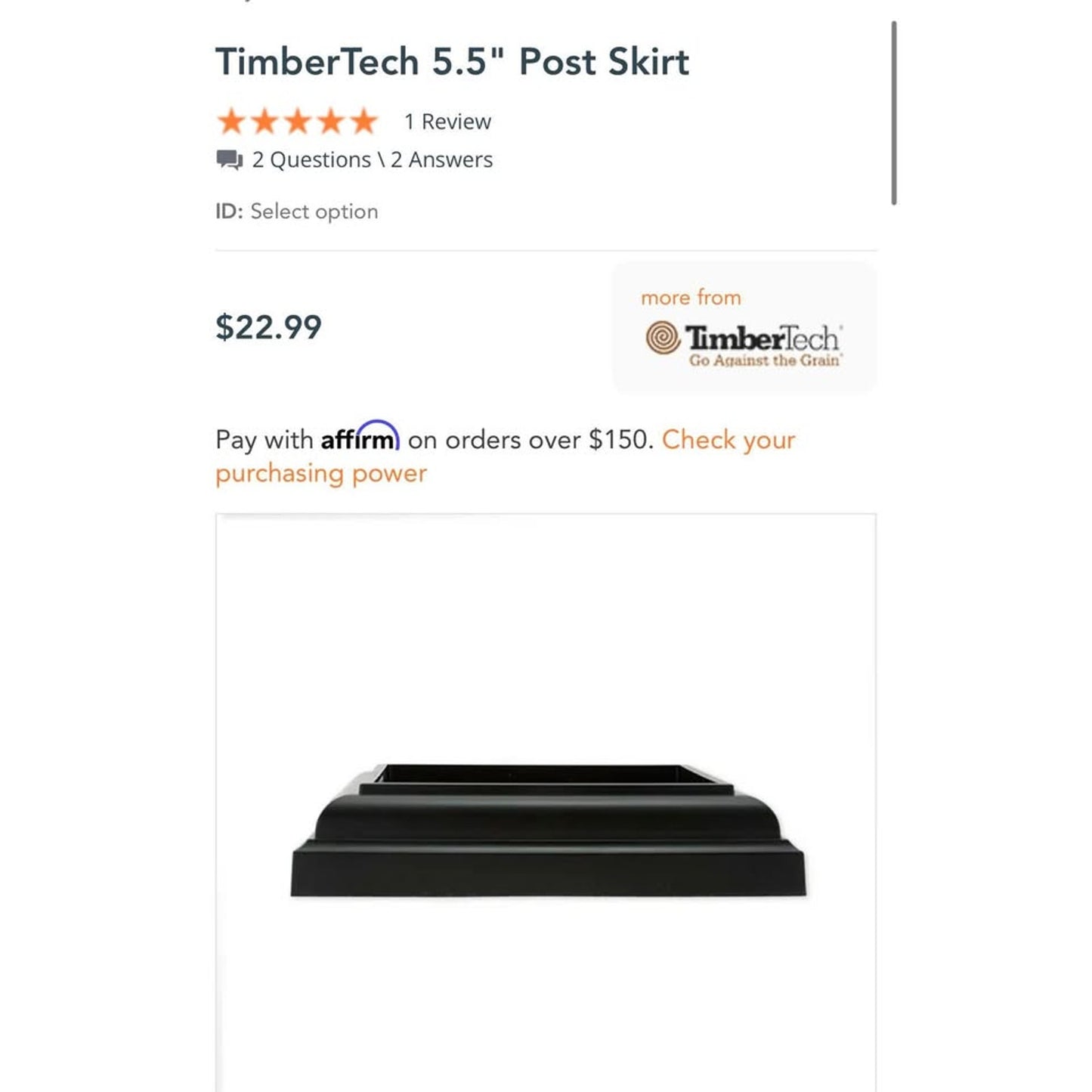TimberTech Railing Skirts and Caps For Post Sleeves In Matte Black