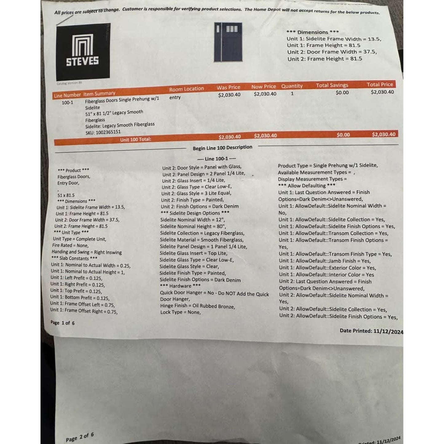 Legacy Smooth Finished Door 51" X 81 1/2" Prehung With 1 Sidlite