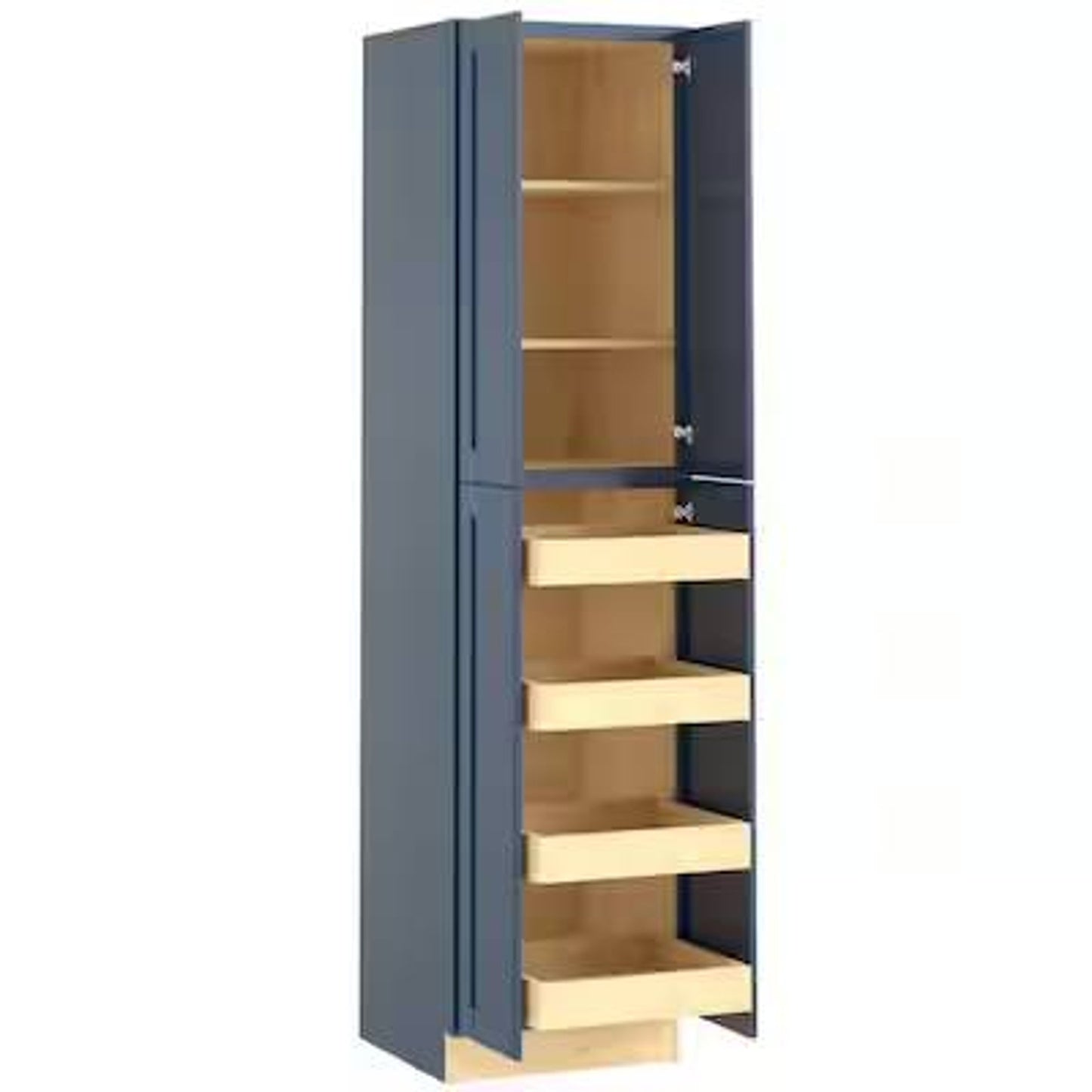 Tall Kitchen Cabinet Pantry with Roll out Drawers and Shelves, Home Decorators Newport Mythic Blue!